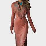 Soli | Rochie Lungă din Suede cu Detalii Brodate și Franjuri