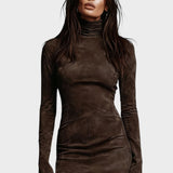 Aurea | Rochie Scurtă din Suede cu Guler Înalt