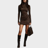 Aurea | Rochie Scurtă din Suede cu Guler Înalt