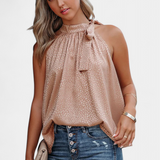 Adela | Top fără Mâneci cu Model de Leopar și Guler Înalt cu Fundiță