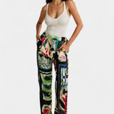 Pantaloni Drepți din Mătase cu Talie Înaltă cu Model Floral