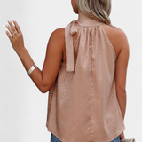 Adela | Top fără Mâneci cu Model de Leopar și Guler Înalt cu Fundiță