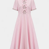 Rochie Midi Acampanată Linda cu Fundă din Cristal și Accente Elegante