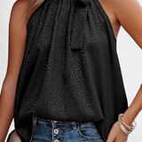 Adela | Top fără Mâneci cu Model de Leopar și Guler Înalt cu Fundiță