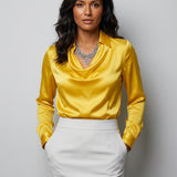 Theresa | Elegantna Saten Bluza s Vodopadnim Izrezom