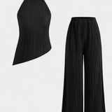 Pilarica Set Plisat cu Top Asimetric Halter și Pantalon Fluid