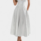 Rochie Midi Gilda din Jacquard cu Spate Decupat și Talie Înaltă