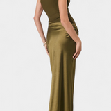 Rochie de Petrecere Lungă Plisată Ottavia cu Decolteu Asimetric