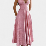 Rochie Midi Gilda din Jacquard cu Spate Decupat și Talie Înaltă