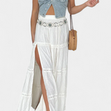 Fusta Dola Falda Maxi Boho cu Dantelă și Decolteu Frontal